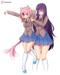  2girls absurdres alternate_species anger_vein animal_ear_fluff animal_ears annoyed armpit_carry arms_up blazer blue_footwear blue_skirt blush breasts brown_jacket brown_sweater_vest cat_ears cat_girl cat_tail closed_eyes closed_mouth collarbone collared_shirt commentary doki_doki_literature_club english_commentary feet_out_of_frame full_body hair_ornament highres jacket kneehighs light_frown loafers long_hair long_sleeves looking_ahead medium_breasts medium_hair multiple_girls natsuki_(doki_doki_literature_club) neck_ribbon pink_hair pleated_skirt purple_hair raion_(raionart) red_ribbon ribbon school_uniform shirt shoes sidelocks simple_background skirt small_breasts smile socks standing sweater_vest tail tail_wagging uwabaki violet_eyes white_background white_footwear white_shirt white_socks yuri_(doki_doki_literature_club) 