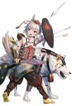  1girl animal_ears armor arrow_(projectile) breastplate commentary_request cookie_(touhou) detached_sleeves dou full_body hat highres holding holding_shield holding_sword holding_weapon inu_(cookie) inubashiri_momiji japanese_armor looking_to_the_side medium_bangs open_mouth pom_pom_(clothes) red_eyes shield shin_guards shirt short_hair simple_background sleeveless sleeveless_shirt solo suneate sword tail tihami tokin_hat touhou v-shaped_eyebrows vambraces walking weapon white_background white_hair white_shirt white_sleeves wolf wolf_ears wolf_girl wolf_tail 