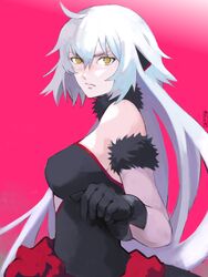  1girl black_dress black_gloves breasts covered_nipples dress fate/grand_order fate_(series) fur_trim gloves highres jeanne_d&#039;arc_alter_(avenger)_(fate) jeanne_d&#039;arc_alter_(fate) large_breasts looking_at_viewer moedredd pink_background scowl white_hair yellow_eyes 