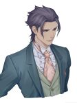  1boy ace_attorney blue_coat character_request closed_mouth coat cropped_torso green_eyes green_vest highres kune_akiro light_smile male_focus necktie pink_necktie purple_hair short_hair simple_background solo vest white_background 