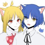  2girls ahoge animal_ear_fluff animal_ears black_ribbon blonde_hair blue_hair blush bocchi_the_rock! bow bowtie cat_day cat_ears cat_girl closed_mouth collared_shirt commentary_request fang hair_ornament hairclip highres ijichi_nijika kemonomimi_mode long_hair looking_at_viewer multiple_girls neck_ribbon open_mouth partial_commentary polka_dot_bowtie popouyu212 red_bow red_bowtie red_eyes ribbon shirt short_hair side_ponytail sidelocks simple_background skin_fang sweatdrop upper_body white_background white_shirt yamada_ryo yellow_eyes 