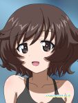  1girl akiyama_yukari artist_name black_tank_top blue_background brown_eyes brown_hair dated girls_und_panzer highres looking_at_viewer messy_hair naotosi open_mouth portrait short_hair smile solo tank_top 