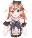  1girl :d aqua_eyes black_bow black_wrist_cuffs blurry blush bow commentary_request cropped_torso crossed_bangs depth_of_field frilled_cuffs hair_bow hands_up highres hinoshita_kaho link!_like!_love_live! looking_at_viewer love_live! medium_hair mi0907_mi open_mouth orange_hair shirt simple_background smile solo two_side_up upper_body virtual_youtuber white_background white_shirt wrist_cuffs yunokuni_girls!_(love_live!) 
