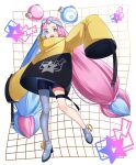  1girl :d bike_shorts blue_hair border bow-shaped_hair commentary_request grey_footwear grey_pantyhose grid_background happy highres iono_(pokemon) jacket long_hair mocacoffee_1001 multicolored_hair open_mouth outstretched_arms pantyhose pink_hair pokemon pokemon_sv shoes signature single_leg_pantyhose sleeves_past_fingers sleeves_past_wrists smile solo star_(symbol) star_print teeth thigh_strap twintails two-tone_hair upper_teeth_only very_long_hair white_border yellow_jacket 