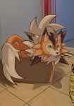  box cardboard_box commentary fang fang_out green_eyes highres in_box in_container indoors looking_up lycanroc lycanroc_(dusk) molingxiang_chimangguo no_humans photo_background pokemon pokemon_(creature) solo spikes symbol-only_commentary tile_floor tiles tongue tongue_out 