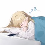  1girl absurdres bed_sheet blonde_hair blue_archive cellphone closed_eyes eco_376124 highres lying on_side phone pillow shirt sleeping solo toki_(blue_archive) under_covers white_shirt zzz 