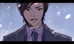  1boy blue_background blue_jacket blue_necktie close-up closed_mouth coat commentary_request facial_hair jacket letterboxed looking_to_the_side male_focus meitantei_conan morofushi_takaaki mustache necktie shirt short_hair snowing solo tanaka_(tanakya123) white_shirt wing_collar 