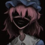  1girl black_background black_eyes blue_mob_cap commentary english_commentary hair_between_eyes hat hollow_eyes horror_(theme) lad_der long_neck looking_at_viewer medium_hair mob_cap monster open_mouth pink_hair portrait red_pupils saigyouji_yuyuko simple_background smile solo teeth touhou 