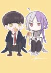  2boys ? absurdres black_hair black_robe brown_footwear bungou_stray_dogs collared_shirt cream_puff crossover facial_mark food grey_vest highres mash_burnedead mashle multicolored_hair multiple_boys necktie purple_hair r1kuuw robe shirt short_hair sigma_(bungou_stray_dogs) sitting sketch split-color_hair vest white_hair white_shirt yellow_eyes 