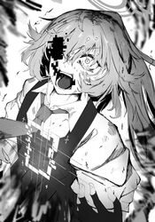  1girl a_no_smithee blue_archive bulletproof_vest constricted_pupils digital_dissolve fingerless_gloves fingernails floating_tears gloves hair_over_one_eye highres hoshino_(blue_archive) hoshino_terror_(blue_archive) monochrome necktie official_alternate_costume open_mouth ponytail screaming sidelocks solo_focus tears teeth transformation 