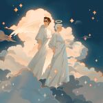  2boys 7203274984 angel angel_wings aziraphale_(good_omens) clouds crowley_(good_omens) glasses good_omens highres long_sleeves multiple_boys redhead sparkle_background white_hair wings 