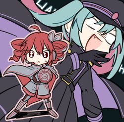  2girls absurdres ahoge aqua_hair black_gloves black_hat black_jacket black_skirt blank_eyes boots bow cape chibi cloak dot_nose drill_hair fang frontiersun gloves grey_shirt grey_shorts hair_bow hat hatsune_miku headphones highres jacket kasane_teto kasane_teto_(sv) laughing long_hair long_sleeves microphone multiple_girls open_mouth paper_hero_(vocaloid) red_eyes redhead shield shirt short_hair shorts skirt smile sweatdrop twin_drills twintails utau vocaloid 