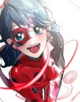 1girl blue_eyes blue_hair bodysuit earrings highres inggniinggni jewelry ladybug_(character) looking_at_viewer marinette_dupain-cheng miraculous_ladybug open_mouth polka_dot red_bodysuit red_mask short_twintails smile solo superhero_costume twintails white_background 