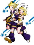  1boy 1girl ;d arm_hug bass_clef blonde_hair blue_eyes blush_stickers bow brother_and_sister commentary detached_sleeves hair_bow hair_ornament hairclip headphones headset highres kagamine_len kagamine_rin leg_up leg_warmers locked_arms looking_at_viewer necktie one_eye_closed open_mouth purple_leg_warmers purple_shorts purple_sleeves short_hair short_ponytail shorts siblings smile standing standing_on_one_leg sugarmonaka treble_clef twins twitter_username vocaloid yellow_nails yellow_necktie 