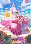  1girl 2others arms_up balloon blush_stickers cake cape charlotte_linlin closed_eyes clouds commentary_request copyright_name dress food full_body high_heels long_hair looking_at_another multiple_others official_art one_piece one_piece_card_game open_mouth otton pink_dress pink_hair profile prometheus_(one_piece) red_footwear red_lips sky smile sun yellow_cape zeus_(one_piece) 
