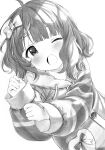  1girl ahoge blush bow breasts coat dot_nose fur-trimmed_coat fur_trim greyscale hair_bow hair_ribbon highres idolmaster idolmaster_million_live! idolmaster_million_live!_theater_days long_sleeves looking_at_viewer lying monochrome on_side one_eye_closed open_mouth ribbon sasa_koutoyomu short_hair small_breasts solo suou_momoko traditional_media wavy_hair 