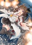  1girl absurdres ahoge black_thighhighs brown_hair brown_skirt commission detached_sleeves double_bun dutch_angle firing hair_bun hairband headgear highres k_jie kantai_collection kongou_(kancolle) kongou_kai_ni_(kancolle) long_hair machinery muzzle_flash nontraditional_miko open_mouth pleated_skirt popped_collar ribbon-trimmed_sleeves ribbon_trim rudder skeb_commission skirt solo thigh-highs violet_eyes 