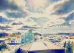  antennae blue_sky building clouds cloudy_sky didi_daisukedoi highres horizon mountainous_horizon no_humans original painting_(medium) scenery shadow sky sunlight traditional_media tree watercolor_(medium) 