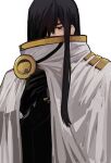  1boy black_eyes black_gloves black_hair black_jacket brooch cape esther_(project_moon) eyepatch gloves gold_trim hand_up highres jacket jewelry library_of_ruina long_hair project_moon sidelocks simple_background solo very_long_hair white_background white_cape zygyzy_031 