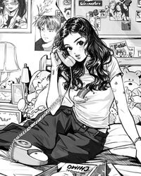  1girl alarm_clock artist_name bandaid bandaid_on_arm bedroom bow bracelet chimoart clock cloud_print commentary_request corded_phone denim desk_lamp eyelashes feet_out_of_frame flower greyscale hair_over_shoulder heart_stickers highres holding holding_phone indoors jeans jewelry korean_commentary lamp light_blush lips long_hair looking_at_viewer midriff_peek monochrome nightstand on_bed original pants parted_lips phone photo_(object) poster_(object) rainbow_print shirt short_sleeves sitting solo star_(symbol) star_print sticker_on_arm stuffed_animal stuffed_rabbit stuffed_toy t-shirt talking_on_phone tape teddy_bear thick_eyebrows wavy_hair wrist_tattoo 