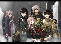  5girls :d anti-rain_(girls'_frontline) aqua_hair ar-15 banana_(girls'_frontline) black_dress black_gloves black_hair black_jacket blonde_hair blunt_bangs blush_stickers breasts brown_sweater_vest building closed_eyes closed_mouth colored_inner_hair colt_9mm_smg commentary_request dandelion_(girls'_frontline) dress eyepatch fang gas_mask girls_frontline gloves grey_hair gun hair_between_eyes hair_ornament headgear heterochromia highres holding holding_gun holding_weapon id_card index_finger_raised jacket lanyard large_breasts lens_flare letterboxed light_particles long_hair long_sleeves looking_at_viewer m16a1_(boss)_(girls'_frontline) m16a1_(girls'_frontline) m4_sopmod_ii_(girls'_frontline) m4_sopmod_ii_(mod3)_(girls'_frontline) mask mask_around_neck mechanical_arms megaphone mole mole_under_eye multicolored_hair multiple_girls non-humanoid_robot numazume open_mouth outdoors pink_gloves pink_hair red_eyes redhead respirator rifle ro635_(girls'_frontline) ro635_(mod3)_(girls'_frontline) robot ruins salute sangvis_ferri scar scar_across_eye shirt single_mechanical_arm sleeveless sleeveless_jumpsuit sleeveless_sweater sleeves_past_fingers sleeves_past_wrists smile st_ar-15_(girls'_frontline) st_ar-15_(mod3)_(girls'_frontline) streaked_hair sweater sweater_vest thigh-highs two-finger_salute very_long_hair violet_eyes weapon white_hair yellow_eyes yellow_jacket 