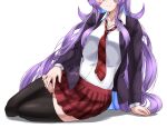  1girl animal_ears black_jacket black_thighhighs blazer closed_mouth facing_viewer full_body head_out_of_frame highres jacket long_hair long_sleeves necktie plaid plaid_skirt poffusagi purple_hair rabbit_ears rabbit_girl red_necktie red_skirt reisen_udongein_inaba shirt signature simple_background sitting skirt smile solo thigh-highs touhou very_long_hair white_background white_shirt 