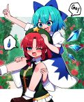  2girls :d absurdres aqua_eyes aqua_hair beret black_bow blue_bow blue_dress blue_eyes blue_hair blush bobby_socks bow braid carrying cirno collared_shirt commentary_request detached_wings dress english_text eyes_visible_through_hair fang flower gradient_hair green_hat green_vest hair_between_eyes hair_bow hair_intakes halftone hands_on_another&#039;s_leg hat highres hong_meiling ice ice_wings looking_at_another multicolored_hair multiple_girls one_eye_closed open_mouth outline outstretched_arm parted_bangs pinafore_dress pointing pointing_up puffy_short_sleeves puffy_sleeves red_flower red_rose redhead rose shirt short_hair short_sleeves shoulder_carry side_braids skin_fang sleeveless sleeveless_dress smile socks speech_bubble spoken_sweatdrop star_(symbol) sweatdrop touhou twin_braids vest white_dress white_outline white_shirt white_socks wings you_(noanoamoemoe) 