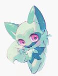  blush cat closed_mouth fang green_fur hanketsu_shoujo highres looking_at_viewer no_humans pink_eyes pokemon pokemon_(creature) simple_background sitting smile solo sprigatito two-tone_fur white_background 