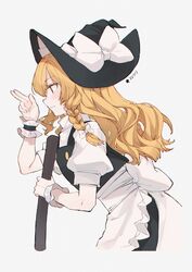  1girl absurdres apron artist_name back_bow black_hat black_skirt black_vest blonde_hair bow braid cindy717 closed_mouth commentary_request cowboy_shot frilled_wrist_cuffs frills from_side hand_up hat hat_bow highres holding kirisame_marisa long_hair profile puffy_short_sleeves puffy_sleeves short_sleeves simple_background skirt smile solo star_(symbol) touhou vest white_apron white_background white_bow witch_hat wrist_cuffs yellow_eyes 