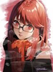  1girl absurdres black-framed_eyewear blush commentary glasses hair_down heavy_breathing highres jacket long_hair long_sleeves looking_at_viewer nakano_maru official_alternate_costume official_alternate_hairstyle open_mouth parted_lips persona persona_5 persona_5_the_royal red_eyes red_scarf redhead scarf solo sweat yoshizawa_sumire 