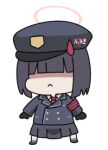  1girl black_footwear black_gloves black_hair black_hat black_jacket black_skirt blue_archive chibi closed_mouth collared_shirt commentary_request full_body gloves hair_over_eyes halo hat jacket long_sleeves lowres nyaru_(nyaru_4126) peaked_cap pink_halo pleated_skirt prefect_team_member_(blue_archive) shirt shoes short_hair simple_background skirt solo white_background white_shirt 