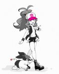  :d baseball_cap boots c6h14o0918 closed_eyes cross-laced_footwear greyscale hat highres hilda_(pokemon) long_hair monochrome open_mouth pig poke_ball_print pokemon pokemon_(creature) pokemon_bw print_headwear shirt shorts simple_background smile spot_color tepig walking white_background 