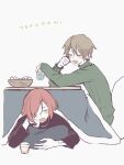  2boys blush bowl brown_hair commentary_request cup drink hair_over_one_eye hand_on_own_cheek hand_on_own_face holding holding_cup kotatsu long_sleeves lying maco22 male_focus multiple_boys on_stomach open_mouth original pillow redhead short_hair sitting smile sweater table 