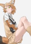  1girl animal_ear_fluff animal_ears bare_legs black-backed_jackal_(kemono_friends) bow bowtie brown_hair commentary crossed_arms crossed_legs elbow_gloves extra_ears feet_out_of_frame from_side gloves grey_background highres jackal_ears jackal_tail kemono_friends looking_back pleated_skirt short_hair short_sleeves simple_background sitting skirt socks solo tail tanabe_(fueisei) thighs vest white_bow white_bowtie yellow_eyes 