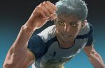  1boy black_background blue_background character_request gradient_background grin haikyuu!! highres hoxhdere jersey male_focus parted_lips short_hair short_sleeves smile solo teeth upper_body v-shaped_eyebrows white_hair yellow_eyes 