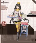  1girl apron artist_request bag bandana bandana_around_neck black_background black_dress black_footwear black_hair boots breasts brown_background chalkboard_sign character_name closed_mouth commentary copyright_name cross-laced_footwear cup disposable_cup dress english_commentary english_text expressionless full_body girls_frontline gloves handbag hat heterochromia high_heel_boots high_heels highres holding holding_megaphone holding_tray kepi knee_boots lace-up_boots large_breasts long_hair looking_at_viewer low_twintails megaphone military_hat multicolored_background multicolored_hair official_alternate_costume official_art pink_bag promotional_art red_eyes ro635_(girls&#039;_frontline) ro635_(sakura_milkshake)_(girls&#039;_frontline) sale second-party_source short_dress simple_background sleeveless sleeveless_dress standing streaked_hair thigh-highs tray twintails very_long_hair waitress white_apron white_background white_hair yellow_bandana yellow_eyes yellow_gloves yellow_hat yellow_thighhighs 