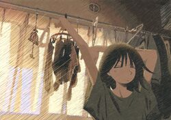 1girl backlighting black_hair black_t-shirt closed_eyes clothes_hanger clothes_rack curtains grey_shirt highres indoors jimomommo medium_hair original shirt short_sleeves solo stretching t-shirt unworn_clothes unworn_socks upper_body window 