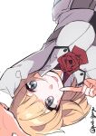  1girl ascot blonde_hair blue_eyes flower grey_jacket highres index_finger_raised jacket kantai_collection lying military_uniform neck_flower niina_(purin_gyunyu) red_ascot red_flower red_rose rodney_(kancolle) rose short_hair simple_background solo tongue tongue_out twitter_username uniform upper_body upside-down white_background 