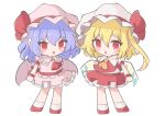  2girls absurdres ascot blonde_hair blush chibi crystal_wings embodiment_of_scarlet_devil flandre_scarlet full_body hat hat_ribbon highres mob_cap multiple_girls npoin open_mouth purple_hair red_ascot red_eyes red_ribbon remilia_scarlet ribbon short_hair side_ponytail simple_background touhou white_background yellow_ascot 