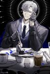  1boy absurdres atan_003 black_coat black_eyes blue_vest coat collared_shirt cup floral_background fork glass gloves grey_gloves grey_hair grin highres ilay_riegrow jeong_taeui long_sleeves male_focus minimized mug multicolored_background passion_(manhwa) plate shirt short_hair smile spoon table teeth vest white_shirt 