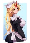  1girl absurdres alternate_costume apron black_dress blonde_hair blue_background border commentary_request cropped_legs dress enmaided fugaku_(miko_no_miyatsuguchi) happy hat highres horns hoshiguma_yuugi juliet_sleeves long_hair long_sleeves looking_at_viewer maid maid_apron maid_day mob_cap pointy_ears puffy_sleeves red_horns single_horn smile solo touhou underbust very_long_hair waist_apron white_border white_hat yellow_eyes 