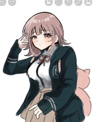  1girl breasts brown_hair collared_shirt cowboy_shot danganronpa_(series) danganronpa_2:_goodbye_despair flipped_hair hood ikemen&#039;na_ore-shi jacket long_sleeves looking_at_viewer medium_hair nanami_chiaki neck_ribbon no_hair_ornament open_clothes open_jacket pink_bag pink_eyes ribbon shirt skirt solo white_shirt 