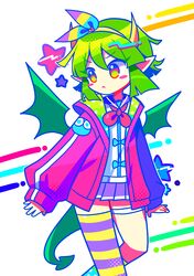  1girl :&lt; absurdres asymmetrical_legwear blush_stickers closed_mouth draco_centauros dragon_girl dragon_horns dragon_tail dragon_wings green_hair highres horns jacket long_sleeves mismatched_legwear offbeat pleated_skirt pointy_ears purple_skirt puyopuyo red_jacket short_hair skirt sleeves_past_wrists solo striped_clothes striped_thighhighs tail thigh-highs wings 