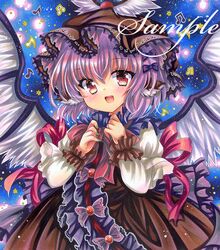  1girl blue_background brown_dress brown_hat dress embellished_costume feathered_wings frilled_dress frills hands_up hat long_sleeves looking_at_viewer marker_(medium) mob_cap musical_note mystia_lorelei open_mouth purple_hair red_eyes red_ribbon ribbon rui_(sugar3) sample_watermark short_hair smile solo touhou traditional_media upper_body watermark winged_hat wings 