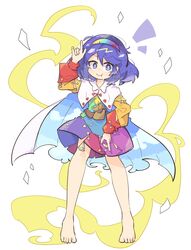  1girl :t ability_card_(touhou) aura bare_legs barefoot blue_cape blue_eyes blue_hair cape cloak cloud_print commentary_request dress full_body hairband highres medium_hair multicolored_clothes multicolored_dress multicolored_hairband patchwork_clothes pointing pointing_down pointing_up primsla rainbow_gradient rainbow_hairband short_dress simple_background sky_print solo standing tenkyuu_chimata toes touhou two-sided_cape two-sided_fabric white_background white_cape white_cloak zipper_pull_tab 