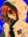  1girl a.i._voice adachi_rei blue_background computer_chip drawstring glitch hair_ornament hood hood_over_one_eye hood_up hooded_jacket jacket looking_at_viewer mizu_(_mizuo_o) one_eye_covered open_clothes open_jacket orange_eyes orange_hair simple_background solo upper_body utau white_jacket 