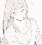  1girl cei_(sohin) closed_mouth collarbone greyscale hand_up holding holding_pencil long_hair long_sleeves looking_to_the_side monochrome original pencil pink_nails sidelocks sohin solo spot_color sweater upper_body v-neck 