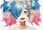  1girl blue_hair commentary_request fire_emblem fire_emblem_fates gradient_hair hair_over_one_eye highres howaito_gyuunyuu multicolored_hair open_mouth peri_(fire_emblem) pink_hair portrait red_eyes teeth turtleneck twintails two-tone_hair upper_teeth_only 