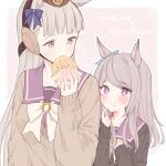  2girls absurdres animal_ears aqua_ribbon black_sweater blunt_bangs blush bow bowtie bread character_name collarbone drooling ear_bow eating finger_to_own_chin food gold_ship_(umamusume) grey_hair height_difference highres holding horse_ears horse_girl long_hair long_sleeves looking_at_another mejiro_mcqueen_(umamusume) melon_bread multiple_girls pillbox_hat purple_bow purple_hair ribbon school_uniform shirt sweater tetora_(oudonoishiize) tracen_school_uniform umamusume violet_eyes 