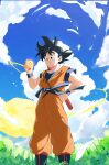  1boy ankle_boots aonano_db backlighting black_eyes black_footwear black_hair blue_sash blue_sky blue_wristband blurry blurry_foreground boots clenched_hand closed_mouth clothes_lift clouds cloudy_sky cumulonimbus_cloud day dougi dragon_ball dragon_ball_(classic) dragon_ball_(object) dragon_ball_z facing_viewer feathers feet_out_of_frame fingernails flying_nimbus forest glowing grass hand_on_own_hip happy highres holding holding_dragon_ball leaf light_particles looking_at_object looking_down male_focus messy_hair muscular muscular_male nature obi orange_pants outdoors pants pectorals rope ruyi_jingu_bang sash sheath sheathed short_sleeves sky smile son_goku spiky_hair standing sunlight tareme tree undershirt weapon white_feathers wind wind_lift wristband 